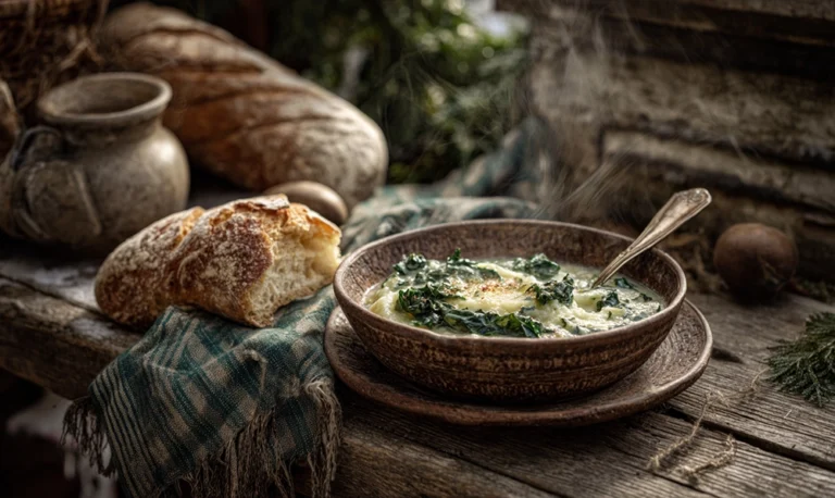 Assiette de purée de poireaux fumante sur une table rustique