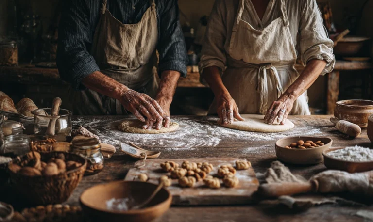 Lucie et Max pétrissant une pâte de massepain maison avec des amandes fraîches sur une table en bois.