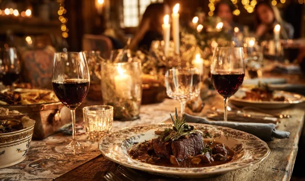 Repas d’hiver chaleureux avec daube de sanglier servie à table, bougies et verres de vin rouge.