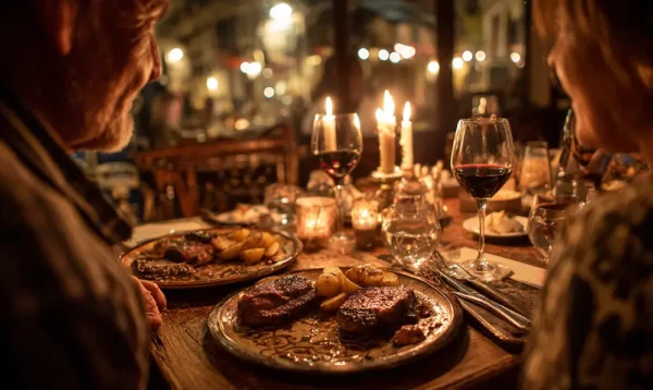 Repas convivial à Sarlat avec confit de canard et pommes de terre sarladaises
