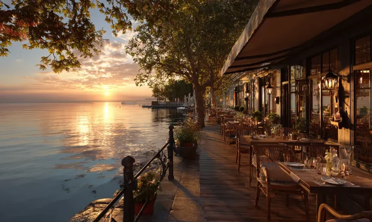 Terrasse du restaurant Le Léman à Margencel avec vue sur le lac Léman au coucher du soleil