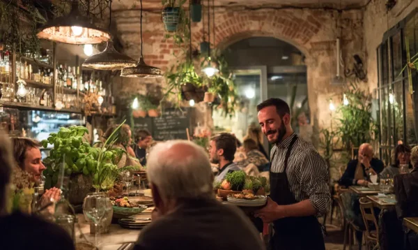 Intérieur du restaurant Büma Nice avec décoration vintage, plantes et service convivial