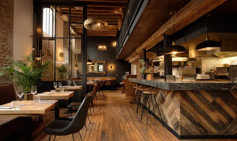 Photo du restaurant L’Expérience à Reims avec son design bois, marbre et laiton