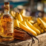 Bouteille de rhum arrangé banane artisanale sur un marché tropical en Guadeloupe
