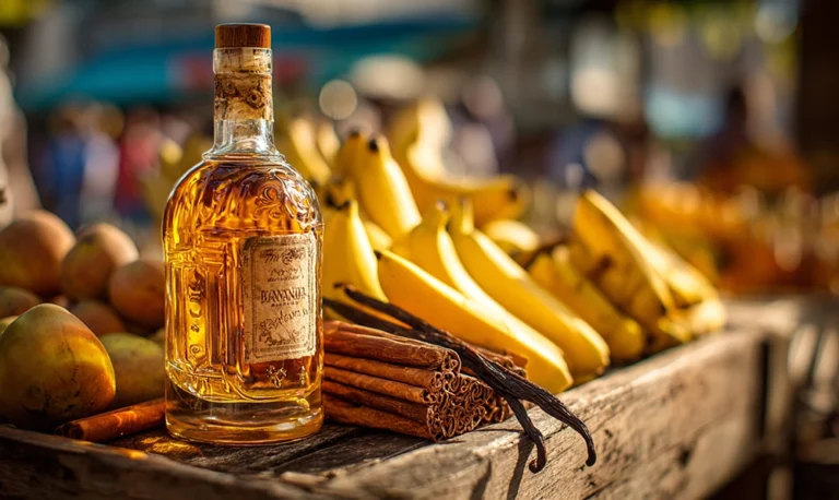 Bouteille de rhum arrangé banane artisanale sur un marché tropical en Guadeloupe