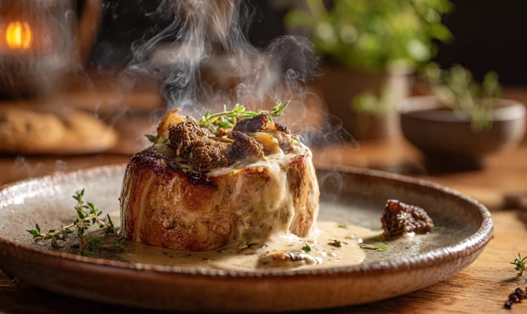 Photo appétissante de ris de veau doré à la crème et morilles sur assiette rustique