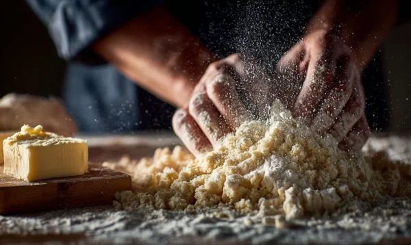 Mains sablant la farine et le beurre pour obtenir la texture parfaite d’une pâte sablée salée maison