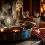 Saucisse de Morteau fumante cuisant à l’eau frémissante dans une cuisine jurassienne