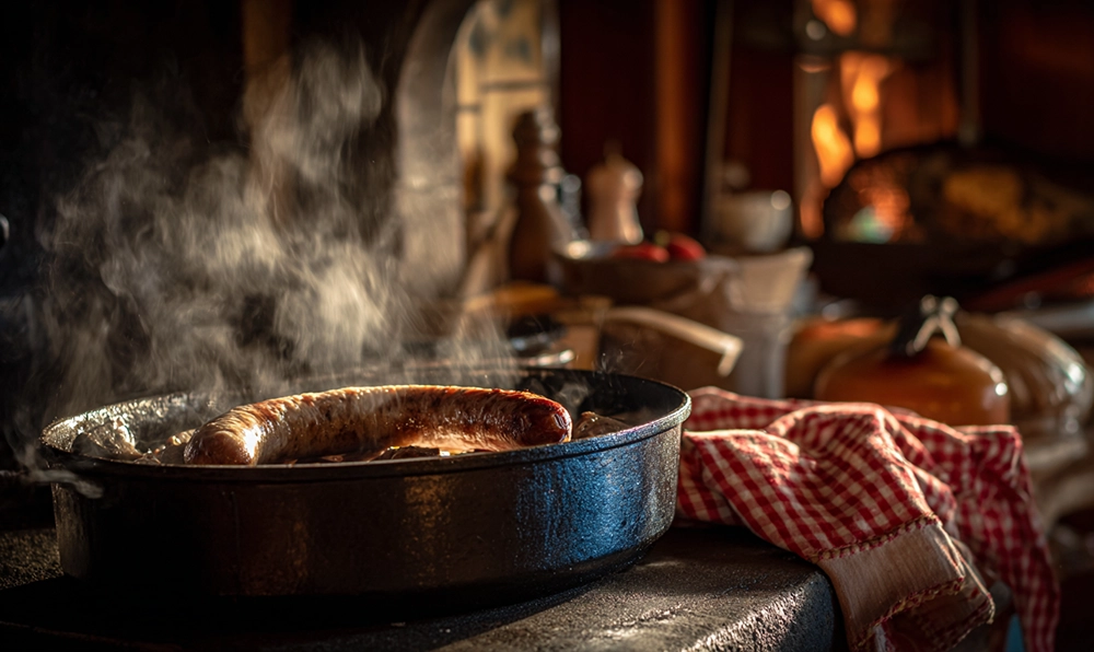 Saucisse de Morteau fumante cuisant à l’eau frémissante dans une cuisine jurassienne