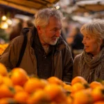 Scène d’automne sur un marché coloré où un couple découvre les kakis