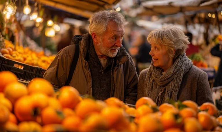 Scène d’automne sur un marché coloré où un couple découvre les kakis
