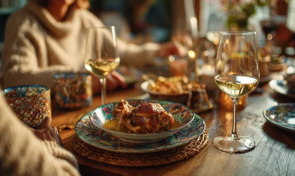 Scène chaleureuse de partage d’un plat de pintade en sauce à table, ambiance automnale