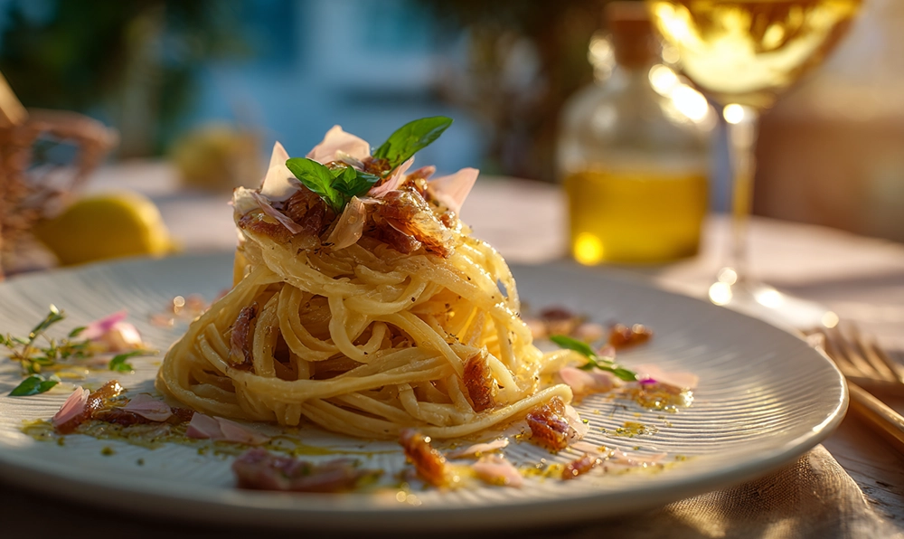Photo gourmande de spaghetti à la poutargue avec citron et huile d’olive