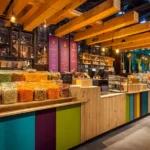 Stand de marché coloré présentant les produits lauréats du Snacking d’Or