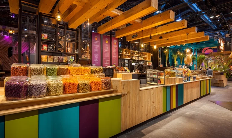 Stand de marché coloré présentant les produits lauréats du Snacking d’Or