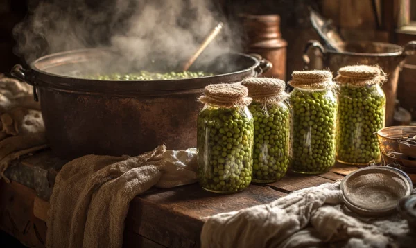 Bocaux de petits pois plongés dans une marmite d’eau bouillante pour stérilisation maison