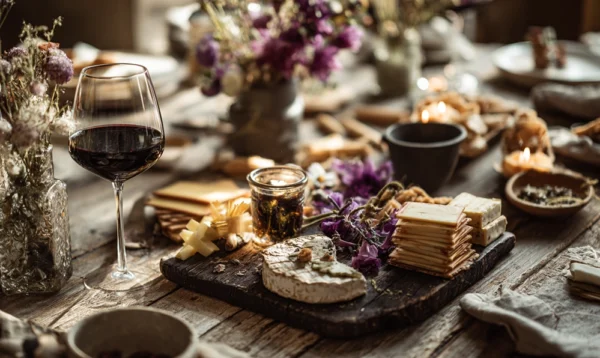 Plateau gourmand de veau mijoté, vacherin et valençay dans un décor rustique