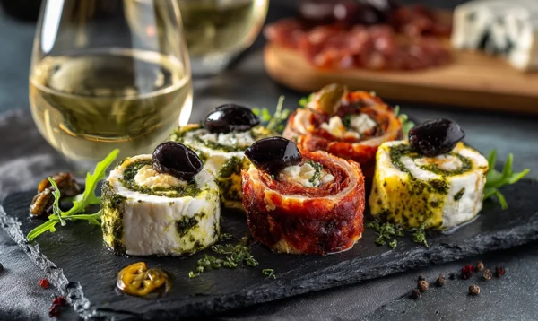 Assortiment de roulés chorizo revisités avec fromage et herbes sur table d’apéritif