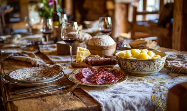 Repas convivial avec saucisse de Morteau, pommes de terre vapeur et vin du Jura