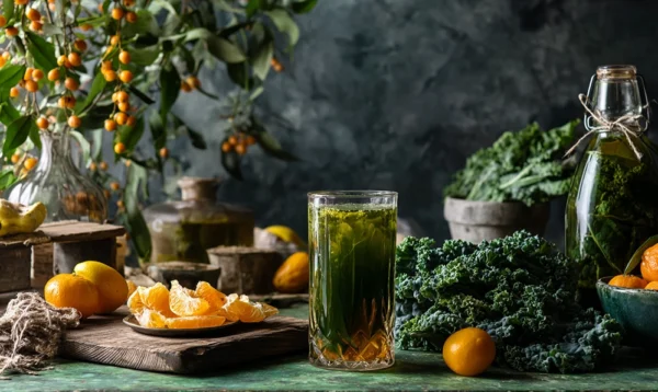 Table de cuisine mettant en scène kéfir, kombucha, kale croustillant, kaki et kumquat