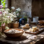 Ingrédients de la pâte sablée salée faits maison : farine, beurre froid et sel sur une table en bois rustique