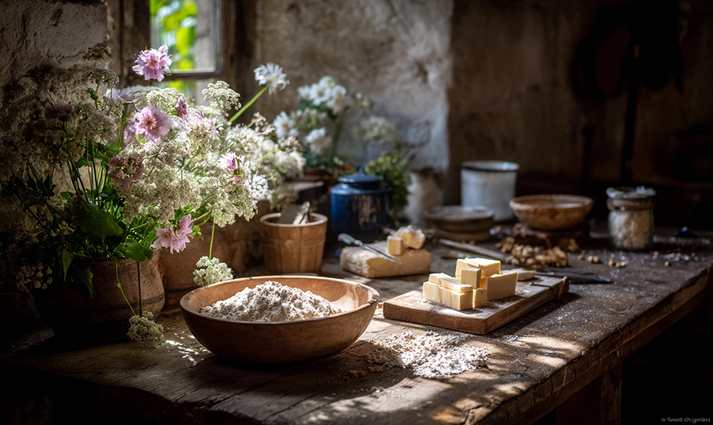 Ingrédients de la pâte sablée salée faits maison : farine, beurre froid et sel sur une table en bois rustique