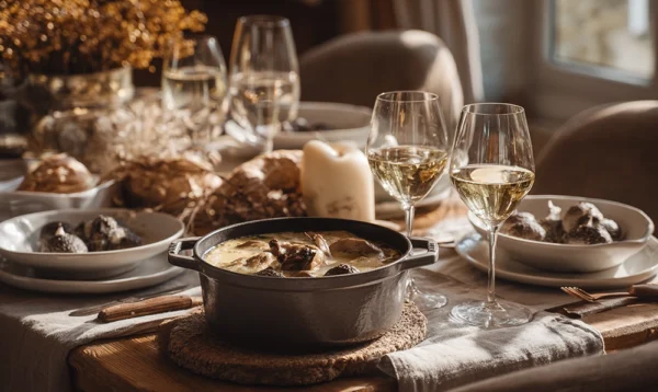 Table conviviale de dimanche avec ris de veau et morilles en cocotte