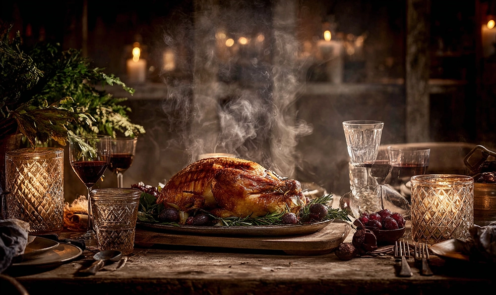 Poularde dorée au four sur une table de fête, recette traditionnelle
