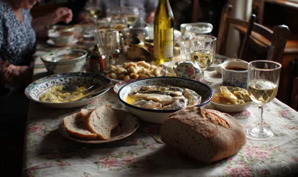 Table familiale bretonne avec lotte armoricaine, vin blanc et pain de campagne