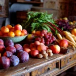 Fruits et légumes en N présentés sur une table rustique : navet, nèfle, nectarine et noix