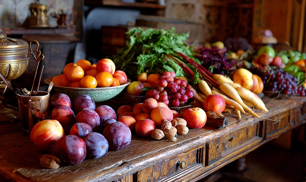 Fruits et légumes en N présentés sur une table rustique : navet, nèfle, nectarine et noix