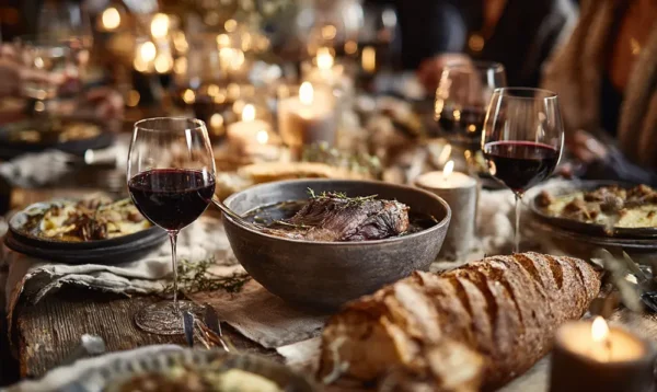 Scène conviviale autour d’un civet de sanglier et de vin rouge à table
