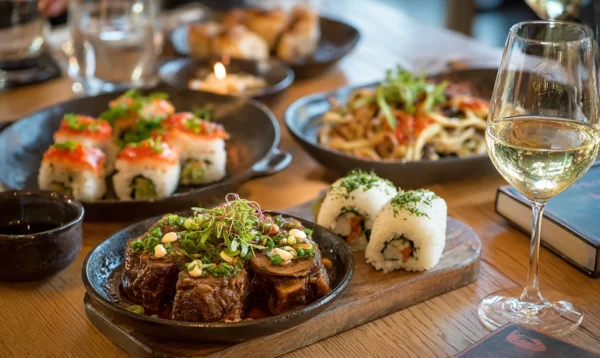Table conviviale avec ossobuco, okonomiyaki, onigiri et carnet du Petit Bac