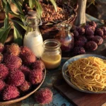 Table de marché avec lentilles, linguine et lait, mise en scène gourmande des aliments en L