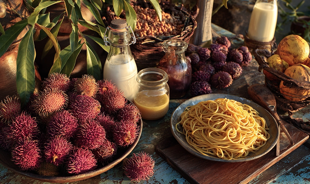 Table de marché avec lentilles, linguine et lait, mise en scène gourmande des aliments en L