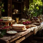 able de cuisine rustique garnie d’aliments en R comme radis, riz et roquefort