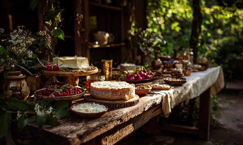 able de cuisine rustique garnie d’aliments en R comme radis, riz et roquefort