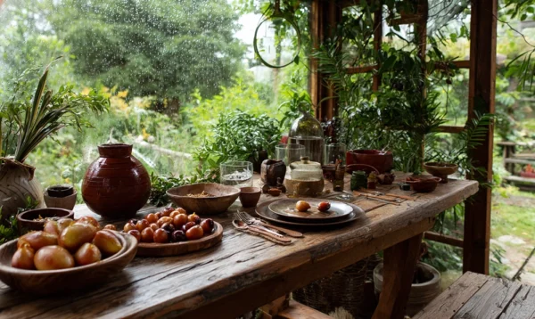 Table de dégustation d’aliments exotiques en J sous une véranda pluvieuse