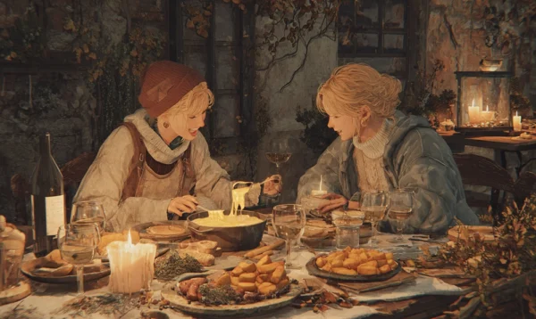 Repas convivial autour du fondu creusois, frites dorées et ambiance de campagne française
