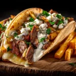 Photo d’un tacos français doré garni de frites, viande grillée et sauce fromagère