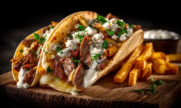 Photo d’un tacos français doré garni de frites, viande grillée et sauce fromagère