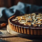 Tarte au chocolat et aux amandes fondante, décorée d’amandes effilées dorées sur une table rustique