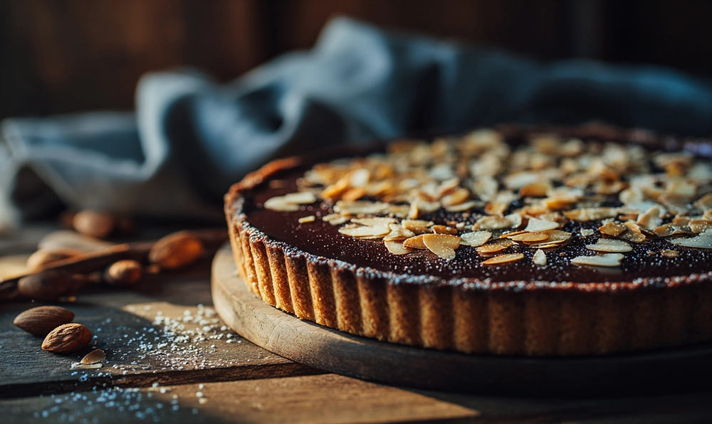 Tarte au chocolat et aux amandes fondante, décorée d’amandes effilées dorées sur une table rustique