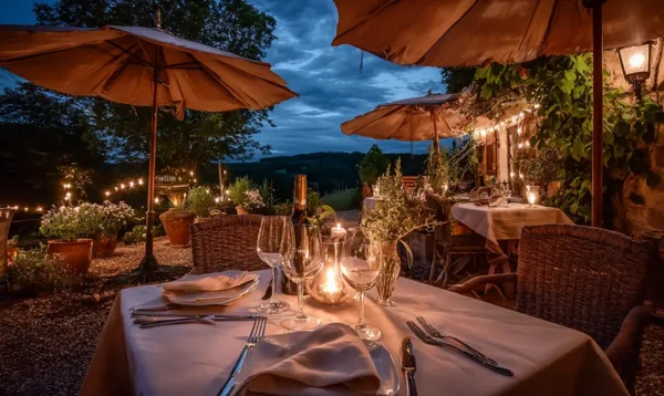 Repas romantique sur la terrasse du Manoir Henri IV face au parc