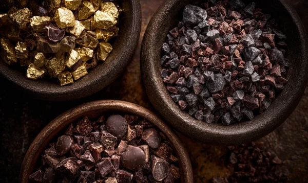 Trois bols présentant des pépites de chocolat maison de tailles variées sur fond boisé