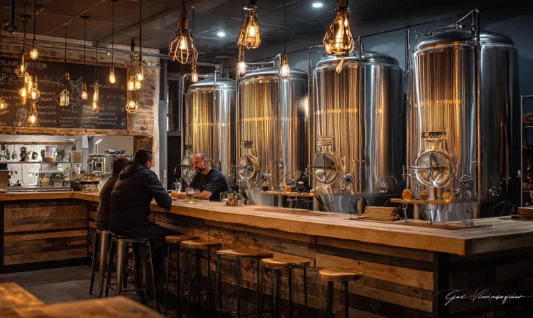 Photo réaliste d’une brasserie artisanale à Combs-la-Ville avec ses cuves et ses bières locales