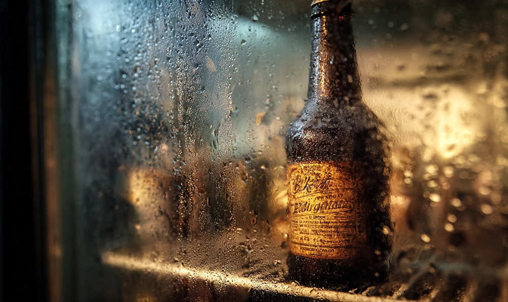 Photo d’une vieille bouteille de bière artisanale retrouvée dans un frigo, représentant la thématique du gaspillage alimentaire évité
