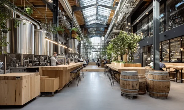 Illustration de la brasserie Parisis moderne avec panneaux solaires et fûts recyclables