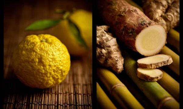 Photo culinaire présentant un yuzu japonais et un yacon andin sur fond zen