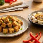 Deux plats de tofu sur table en bois: tofu croustillant aux sésames et tofu mariné au gingembre, avec poivron et brocoli.